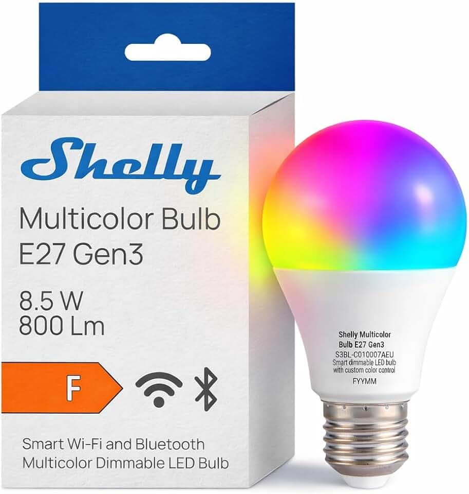 Shelly Multicolor Bulb E27 Gen3 – Ampoule LED Connectée Multicolore Wi-Fi et Bluetooth, Modes Couleur et Blanc 2700K–6500K, Dimmable 800 lm, 8.5W, Mode Nuit, Mesure de Consommation, Alexa, Google Home