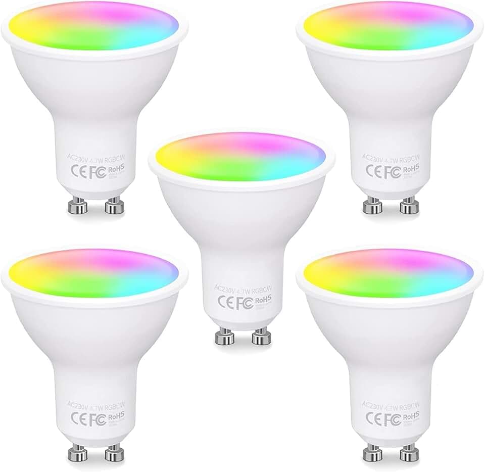 Fitop Ampoule Connectée WiFi GU10,RGBCW LED Smart, Compatible avec Alexa/Google Home, 4.7W Equivalent à 50W Ampoule Dimmable Multi-Couleur,2700-6500K Blanc Chaud Blanc Froid,5 pièces