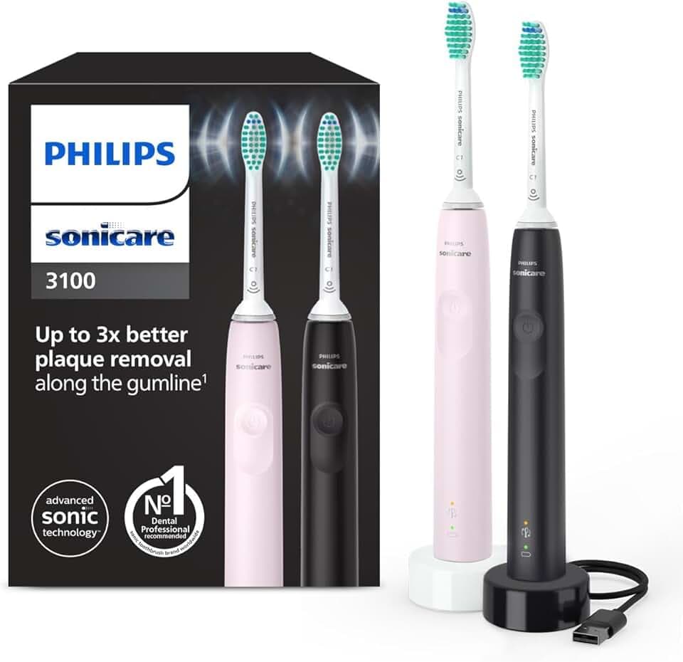 Philips Sonicare 3100, Brosse à dents électrique sonique, capteur de pression et minuterie, rose pastel et noir, pack de 2, modèle HX3675/15