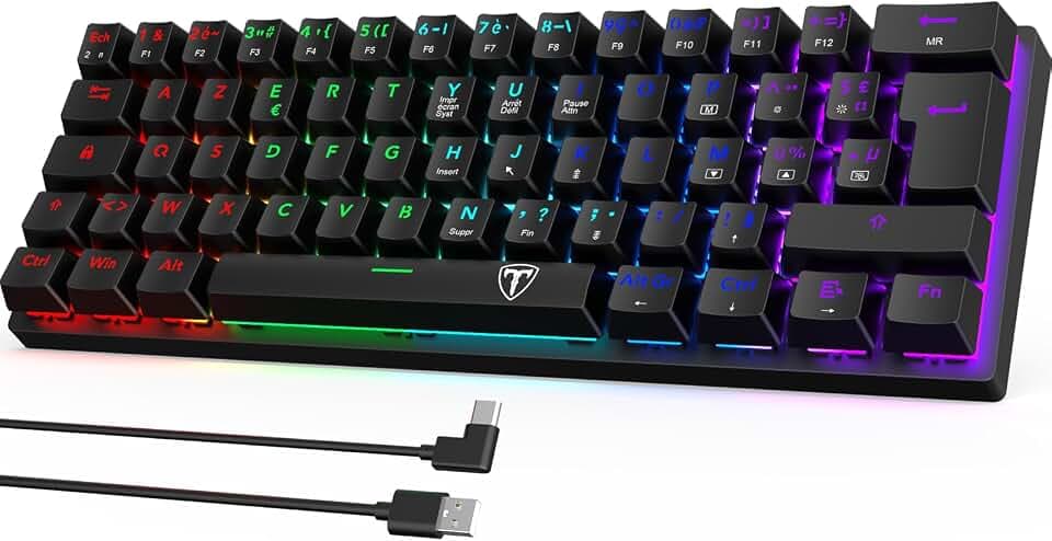 Clavier Mécanique Azerty，Clavier Gamer Mécanique 60% Câblé - Switchs Bleus - Rétroéclairage LED Personnalisable，Anti-ghosting - Compact et Ergonomique pour FPS, Bureau (PC, Mac)