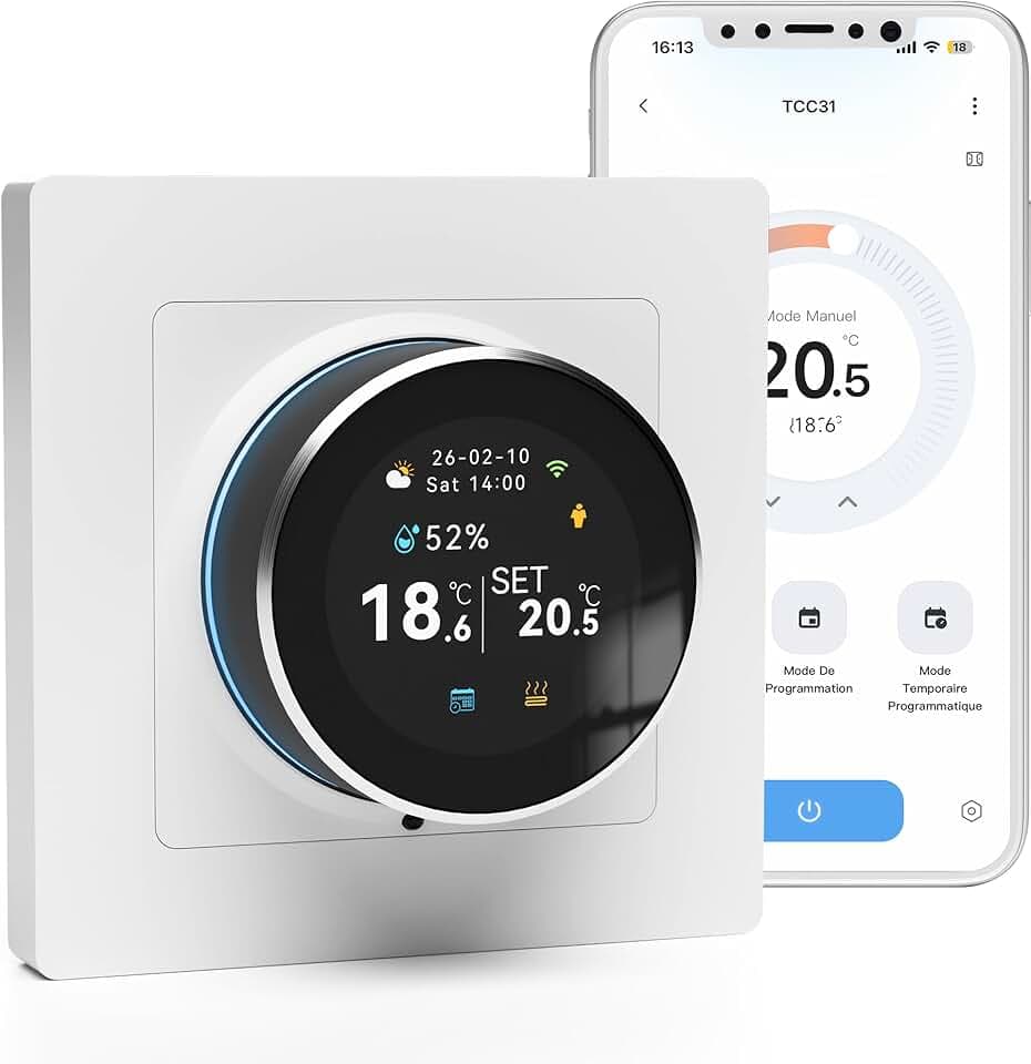 Beok Thermostat Intelligent Connecté, Régulateur de Température à Bouton Rotatif, Écran Couleur, Programmateur Digital 3A pour Chaudière à Gaz, Compatible avec Alexa et Google Home