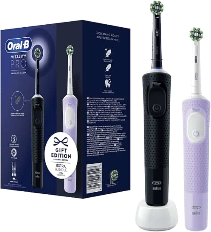 Oral-B Vitality Pro Lot de 2 brosses à dents électriques avec 2 brosses de rechange, 3 modes de nettoyage pour soins dentaires, cadeau pour homme/femme, conçu par Braun, noir/violet