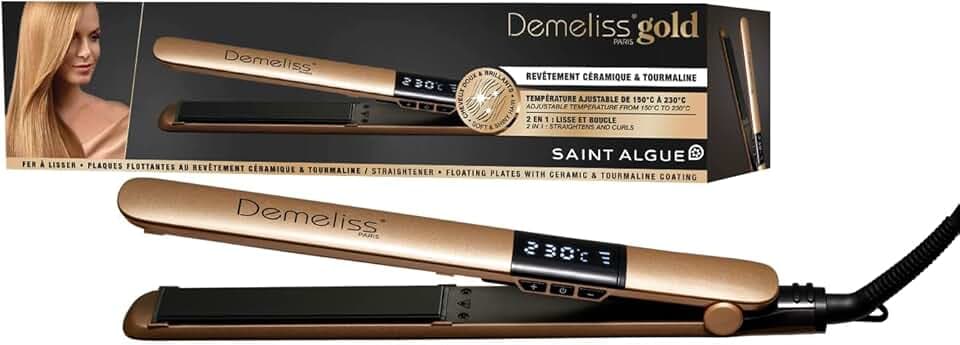 Demeliss SAINT ALGUE Lisseur GOLD - Lissage dès la Racine - Plaques Fines Céramique, Tourmaline - Température Réglable 150°C à 230°C - Cheveux Lisses à Ondulés - Design Ergonomique, Professionnel