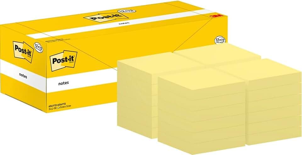 Post-it Notes Autocollantes, Pack Promo de 12 Blocs + 12 GRATUITS, 100 Feuilles par Bloc, 76 mm x 76 mm, Jaune Pastel - Feuillets Adhésifs pour Prise de Notes, Listes de Tâches et Rappels | Notes Autocollantes pour Mémos et Planification ; Se Retirent Proprement, Idéales pour Coder, Organiser, Capturer Les Idées