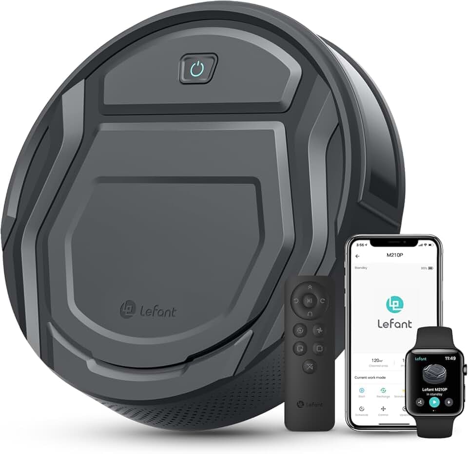Lefant Robot Aspirateur M210P, 2200Pa d’Aspiration, Mince Silencieux, 6 Modes de Nettoyage, Auto-Charge, WiFi Bluetooth Alexa App, 120min d’Autonomie, Idéal Poils d’Animaux Sols Durs Tapis