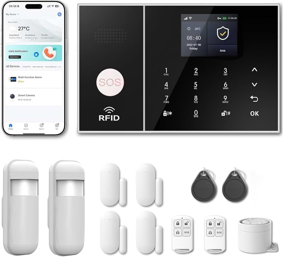Alarme maison sans abonnement sans fil WiFi + 4G pour maison et appartement, kit alarme connectée Smart Life, alertes par appel & SMS, compatible Alexa & Google Assistant (Lot de 12 articles)