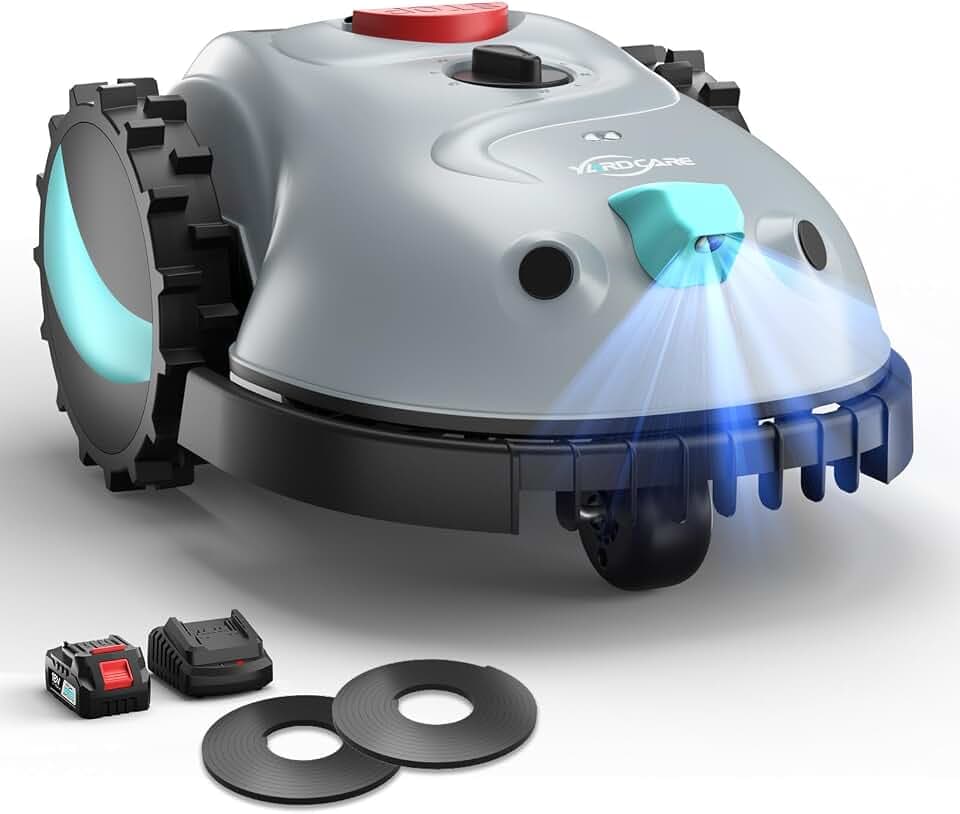 (2026 Upgrade) YARDCARE V100 Robot Tondeuse sans Fil Périphérique avec Navigation Visuelle, Détection d'obstacles 150, Robot Tondeuse Gazon avec Batterie de 4 Ah, Lames de Rechange, Bande magnétique