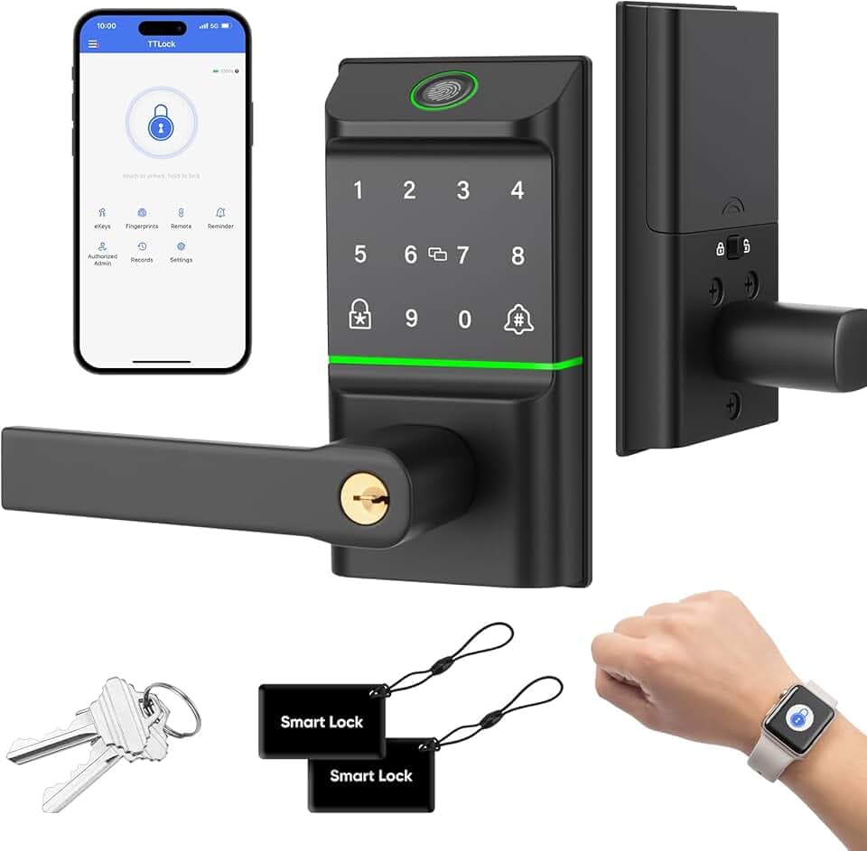 Serrure Intelligente à Poignée, Entrée sans Clé, Serrure de Porte Intelligente à Empreintes Digitales avec Contrôle par App | Écran Tactile, Clé, Carte, Verrouillage Auto, Compatible Apple Watch