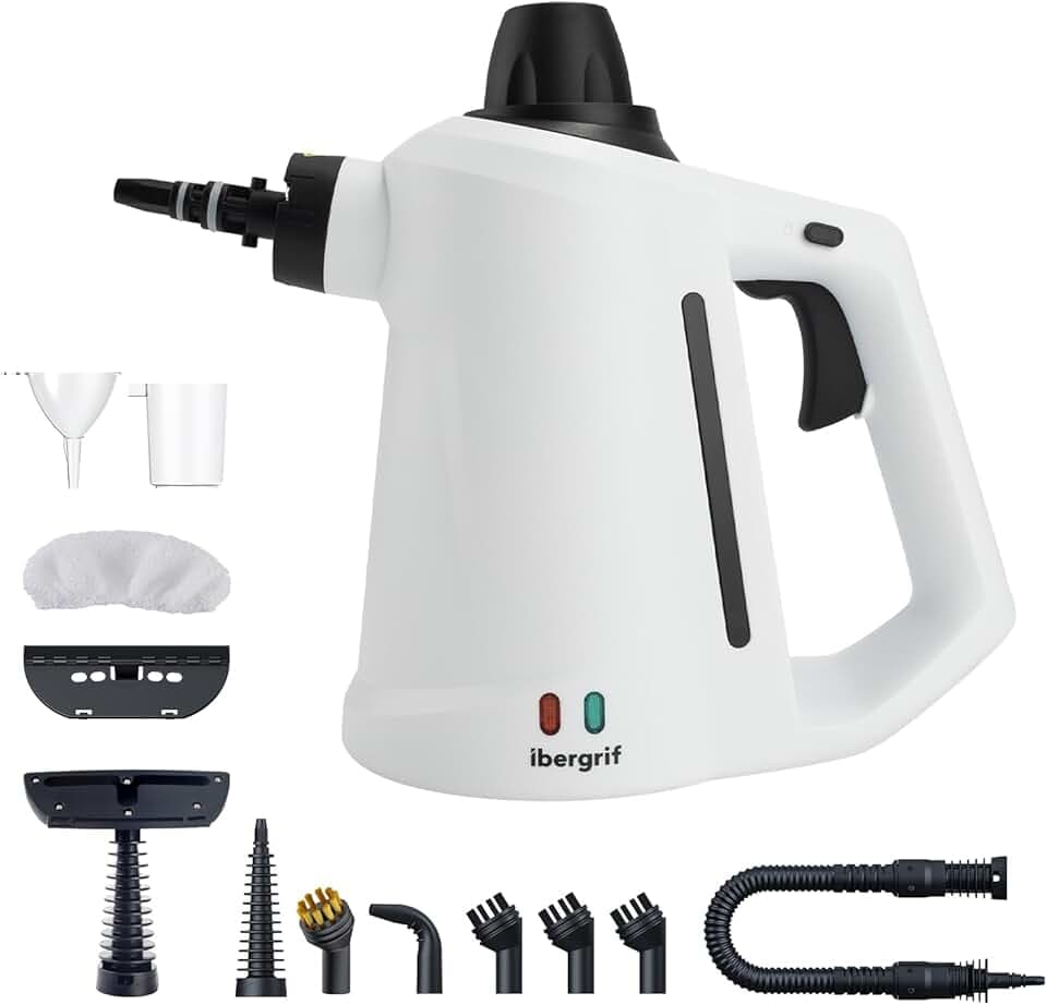 Ibergrif Nettoyeur Vapeur Portatif, 1050W avec 12 Accessoires, 3 Bar Haute Pression, Solution Sans Produits Chimiques, pour Canapé, Cuisine, Joints et Vitres, 350ml, Blanc