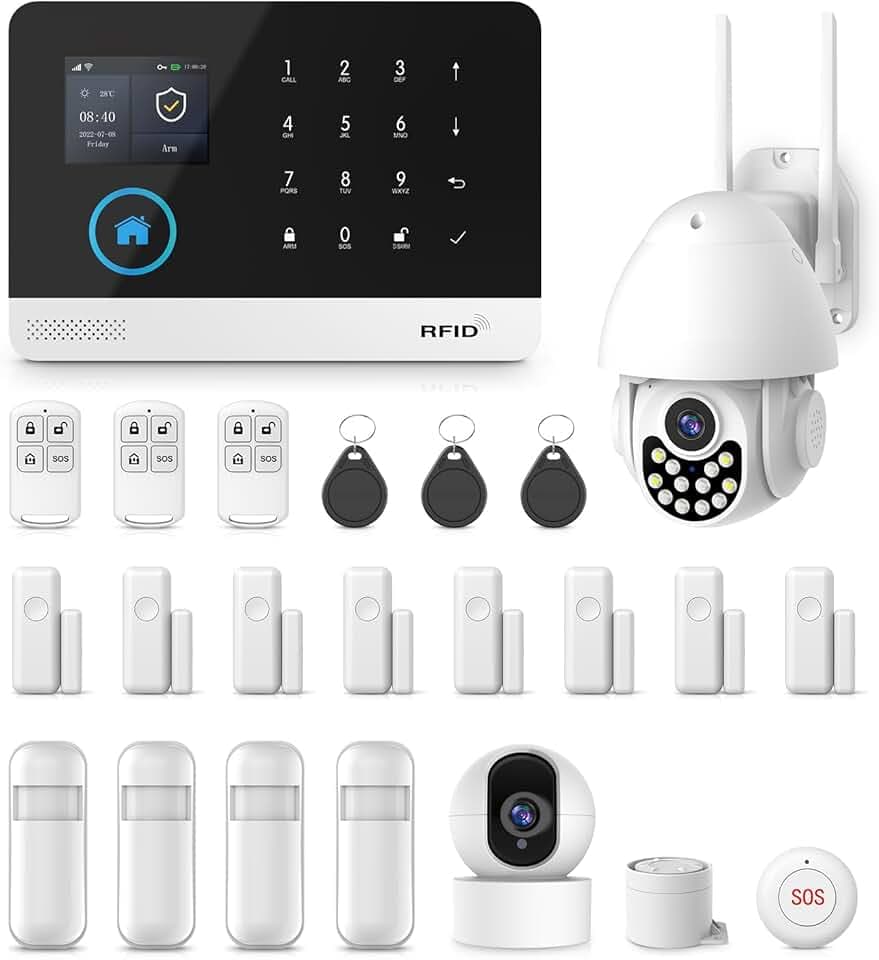 PGST Alarme Maison sans Fil Intelligent WiFi/GSM avec Caméra Surveillance Extérieure et Caméra Surveillance Intérieure, Système d'alarme 4G, Compatible avec Alexa et Google Assistant