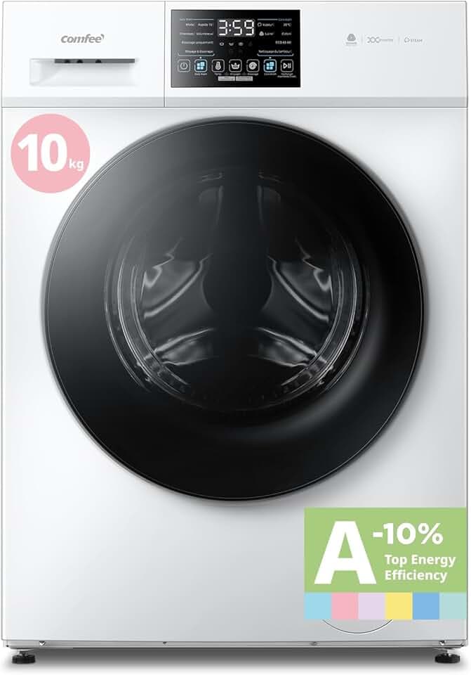 COMFEE' Lave-Linge 10KG Classe A-10% BLDC 1400RPM Blanc CFE12EW100/W-FR | Machine à laver 12 Programmes, Soin Vapeur, Woolmark, Panneau Tactile LED, Nettoyage du tambour Étiquetage Énergétique