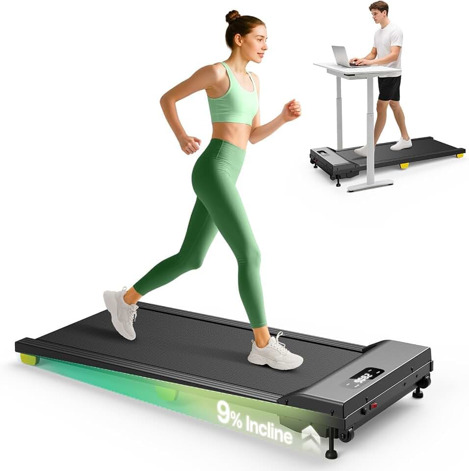 UREVO Tapis de Marche Inclinable avec Double Absorption des Chocs, Walking Pad Compact et Silencieux sous Le Bureau, 9% Inclinaison Tapis de Course pour Maison & Appartement
