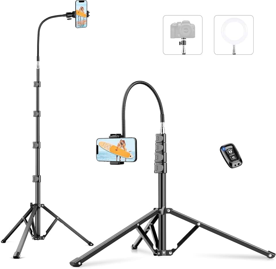 Victiv 224cm Haute Trepied Smartphone, Trépied Téléphone Réglable Aluminium | avec Col de Cygne, Télécommande & Support Telephone, Extensible Trépied Appareil Photo avec Rotule à 360° pour DSLR Canon