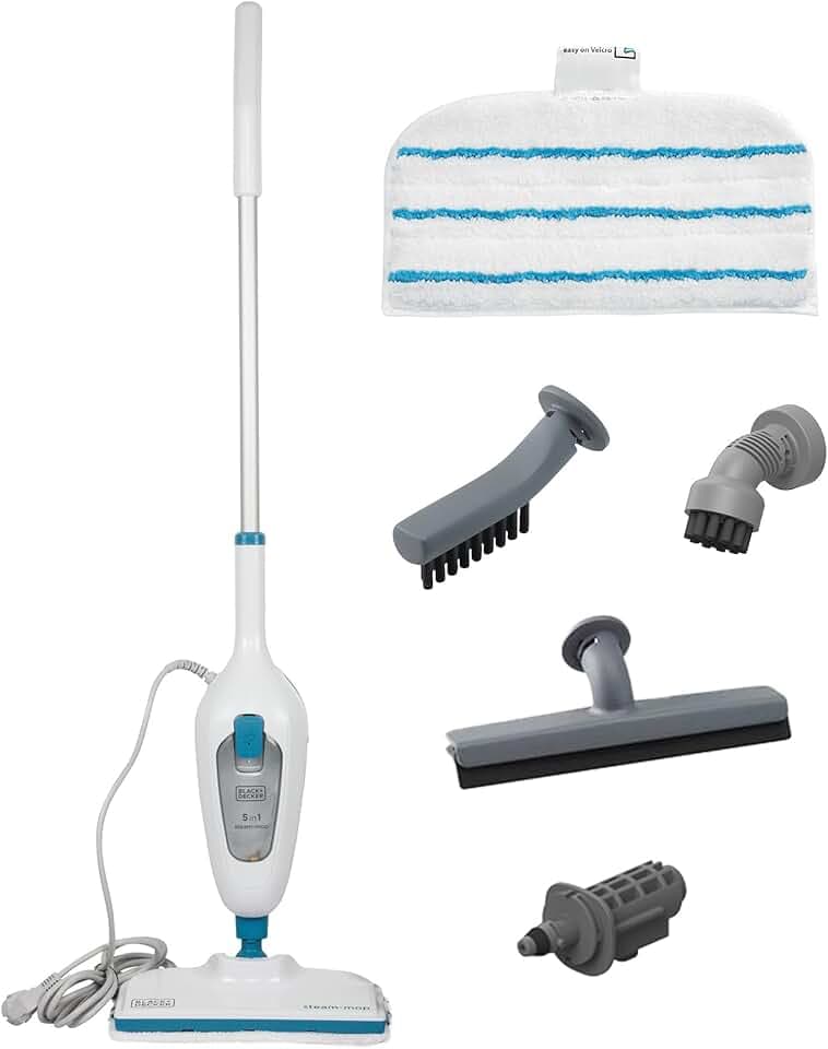 BLACK+DECKER - Balai Vapeur avec Nettoyeur à Main et 5 Accessoires - Multifonctions Puissance 1300W - Temps de Chauffe 25 sec - Tête Pivotante 180° - Réservoir Amovible 350 ml - FSMH13E5-QS