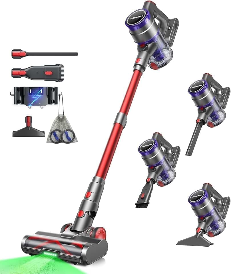 VACTechPro F02 Ultra Aspirateur Balai sans Fil, 600W/55KPa | Filtration à 8 Couches, Brosse à Sol Anti-Tangle, 70Min d’Autonomie, 1.6L Réservoir à Poussière, Violet et Rouge