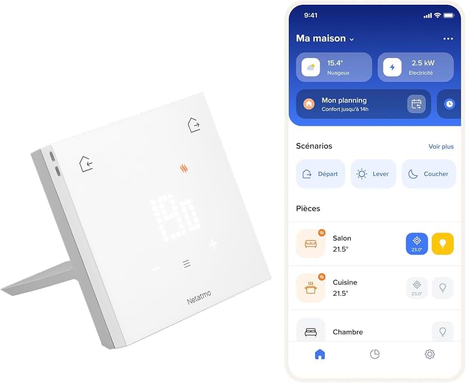 Netatmo Thermostat Connecté Original pour Chauffage Individuel - Pack Installation sans Fil/Filaire, Support Inclus, Économie d’Énergie, Compatible Matter(Alexa,Google,Apple), WiFi 2,4GHz-ETP-AMZ