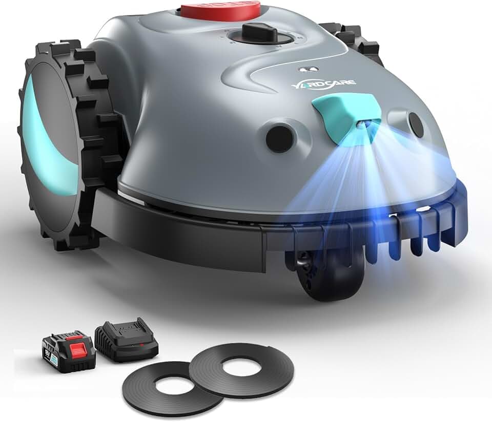 YARDCARE V100 Robot Tondeuse sans Fil avec Navigation Visuelle, Détection d'obstacles 150, Robot Tondeuse Gazon avec Bande magnétique, Lames de Rechange, Coupe en Spirale & par Points