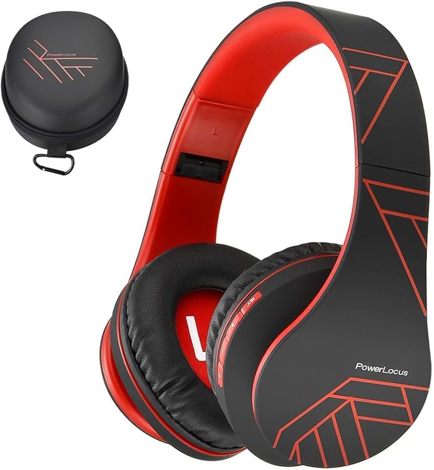 PowerLocus Casque Bluetooth sans Fil, Casque Audio stéréo Pliable sans Fil et Filaire avec Micro intégré, Micro SD/TF, FM pour iPhone/Wiko/Samsung/iPad/PC (Noir/Rouge)
