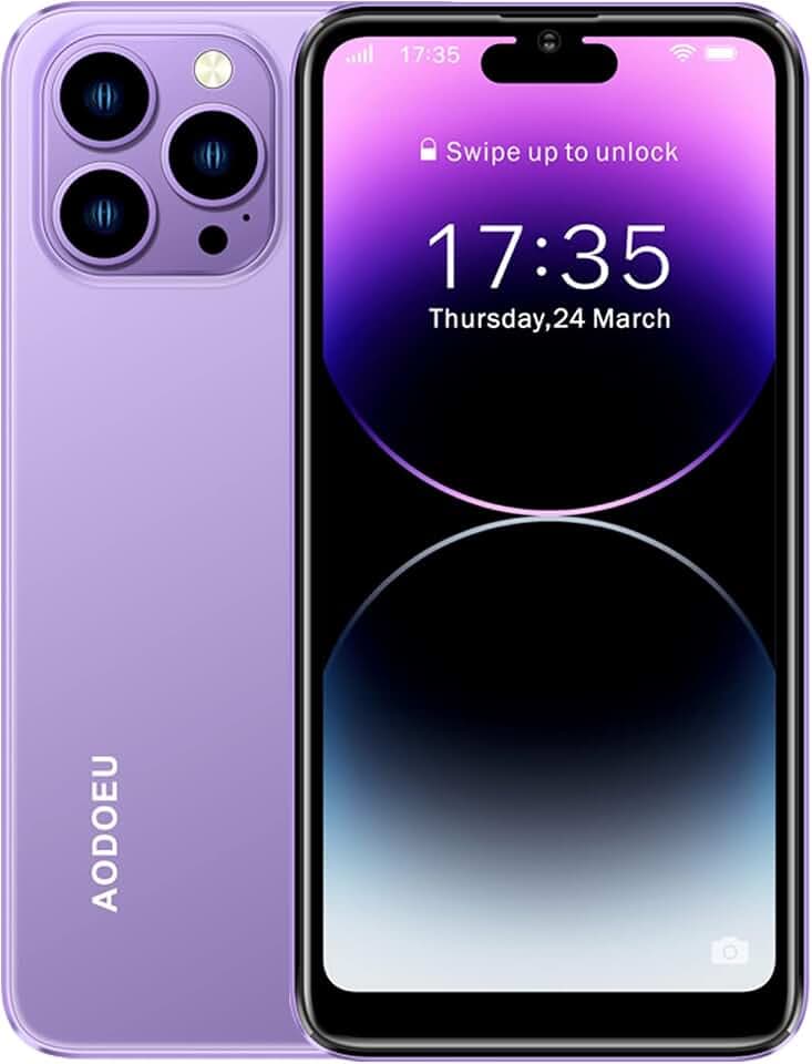 AODOEU Smartphone Pas Cher Android 14, 8 GO+64GO/TF 1TO, Telephone Portable Pas Cher Écran 6,56" HD+, Batterie 6285mAh, 13MP+8MP, Telephone 4G Dual SIM/GPS/Face ID/OTG-Violet
