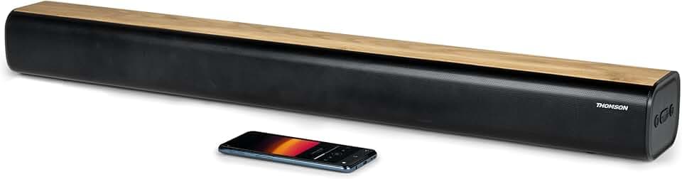 THOMSON Barre de Son Bluetooth 5.0 200W – Sans fil- Design Noir & Bois – USB, Optique, AUX, Fixation Murale – 86 cm- télécommande- SB402BT