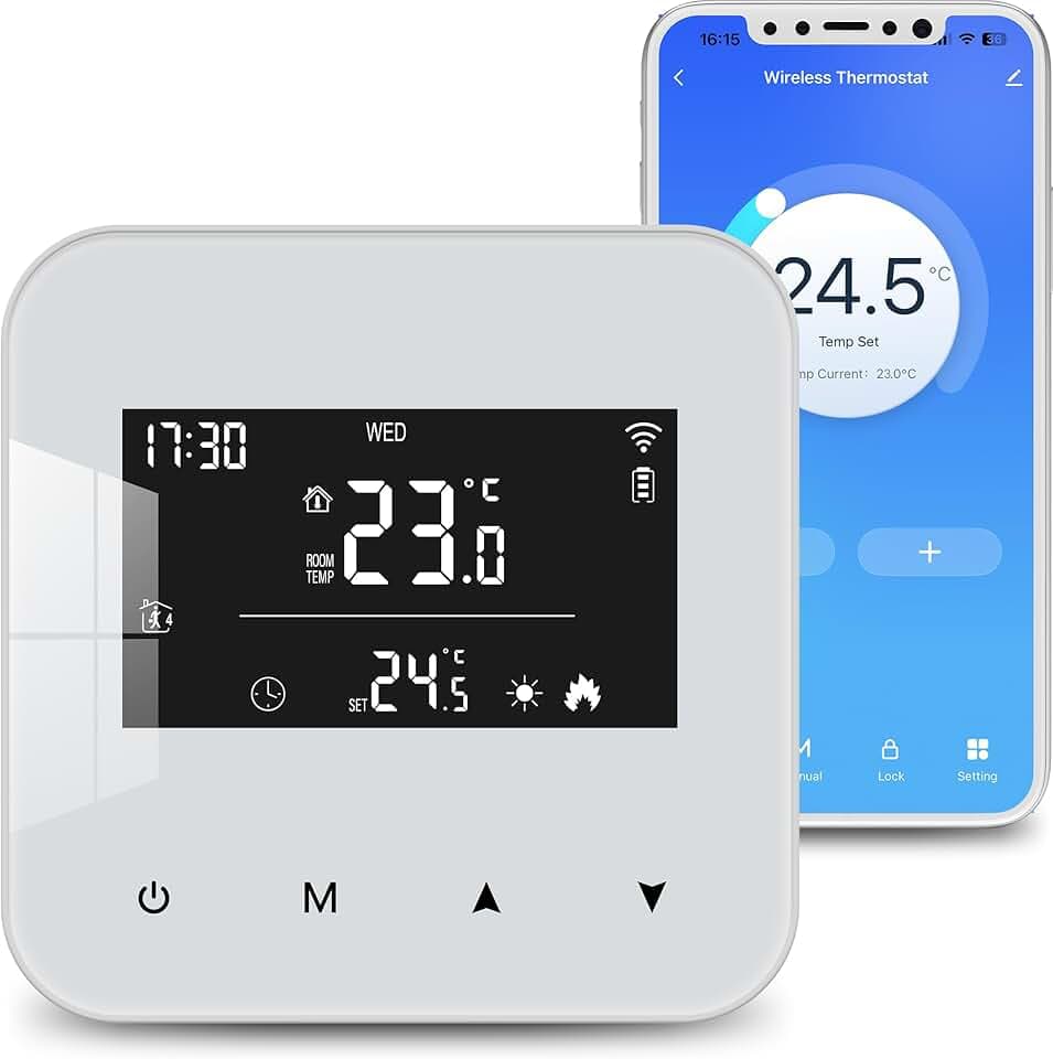 Beok Thermostat WiFi pour chaudières gaz et fioul,Thermostat Mural à 2 Fils,Programmation Quotidienne,Alimentation par Pile ou USB,Compatible avec Tuya Smart APP,Alexa