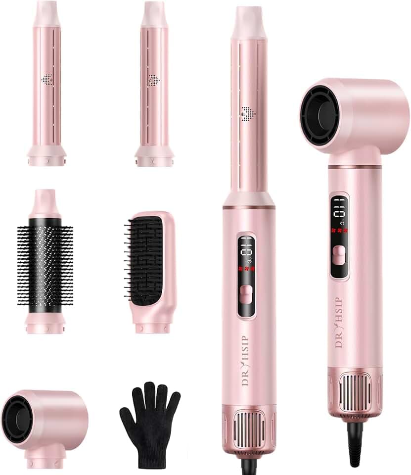 Dryhsip Brosse Soufflante 5 en 1 Avec écran Numérique, Sèche Cheveux Brosse, Brosse Coiffante Ionique, Boucleur Automatique et Iisseur, Pour Volume, Boucles et lissage (Pearl Pink)