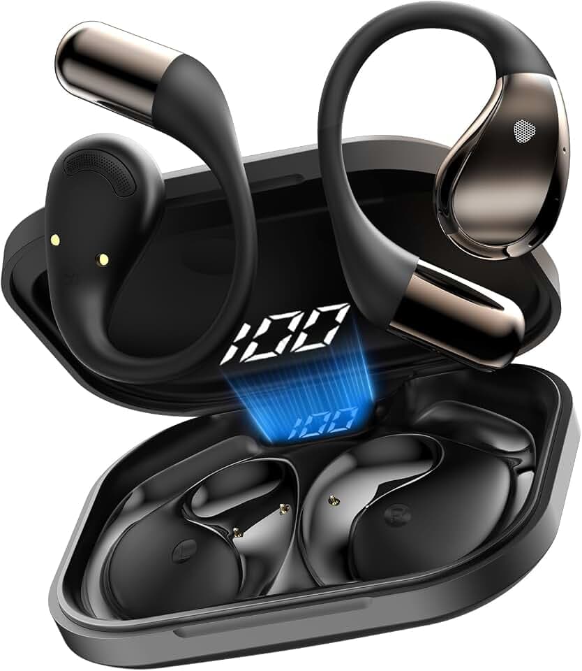 Écouteurs Bluetooth sans Fil, Bluetooth V6.0 Casque HiFi Stéréo avec ENC Mic, 40H Autonomie Ecouteurs Open-Ear, IP7 Étanche Casque Sport avec Crochet d'oreille pour Fitness/Musique/Appels, Noir