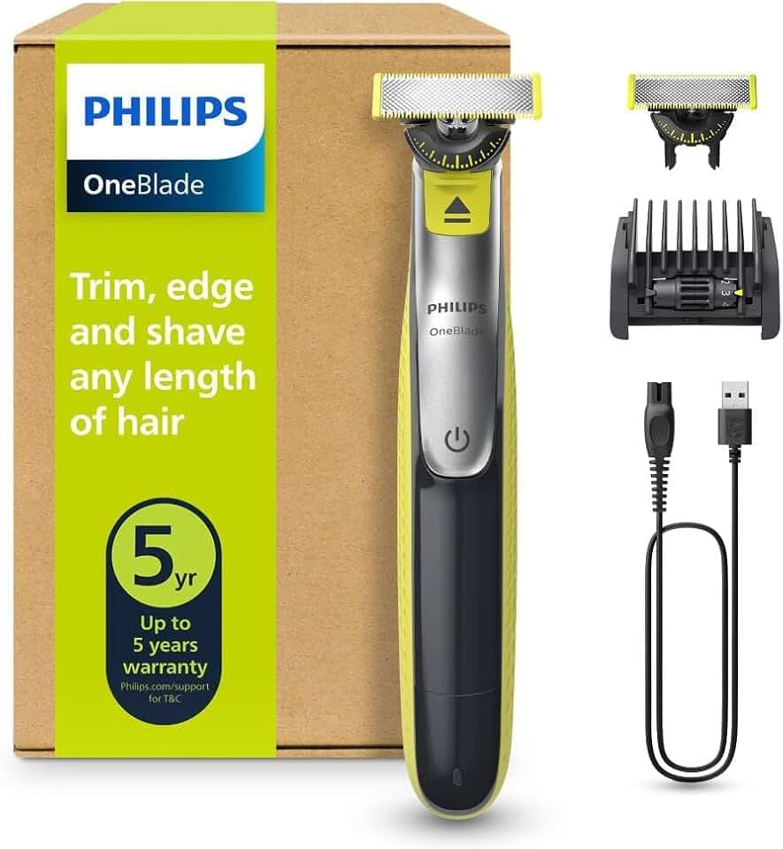 Philips OneBlade 360 hybride Visage : rasoir/tondeuse à barbe électrique, avec innovation lames 360, 2 lames 360 pour le visage, 1 sabot réglable 5 en 1 (modèle QP2734/30)