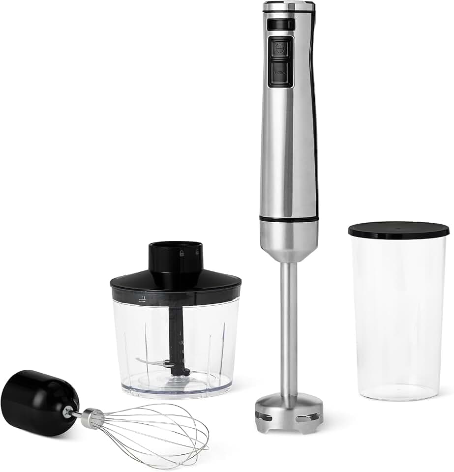 Amazon Basics Mixeur Plongeant Manuel Multivitesse, Accessoires et Cordon d’Alimentation Inclus, 1 000W, Argenté