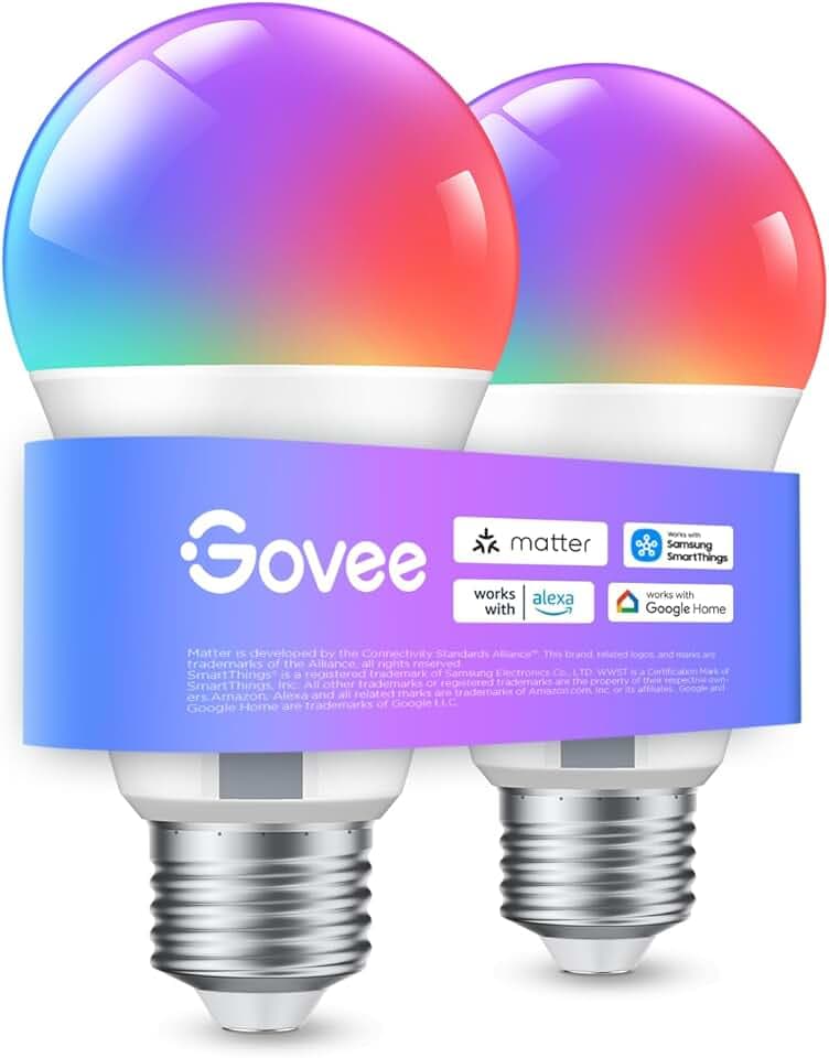 Govee Ampoule E27 WiFi et Bluetooth Intelligentes, Compatible avec SmartThings, Matter, Alexa et Google Assistant, 800LM, Synchronisation de Musique,16 Millions de Couleurs DIY RGBWW,lot de 2