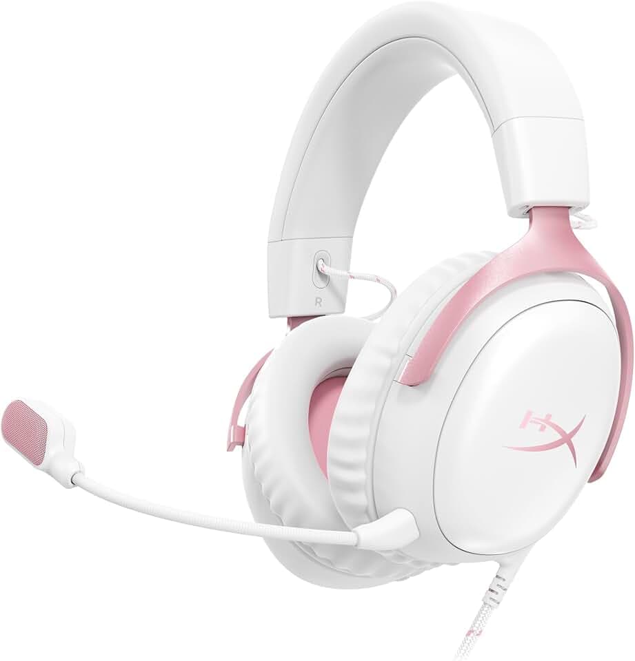 HyperX Cloud III, Casque Gaming Filaire, PC/PS5/Xbox Series X|S, DTS Headphone:X, Haut parleurs inclinés 53 mm, Micro 10 mm antibruit, USB-C/USB-A/3,5 mm, Blanc et Rose
