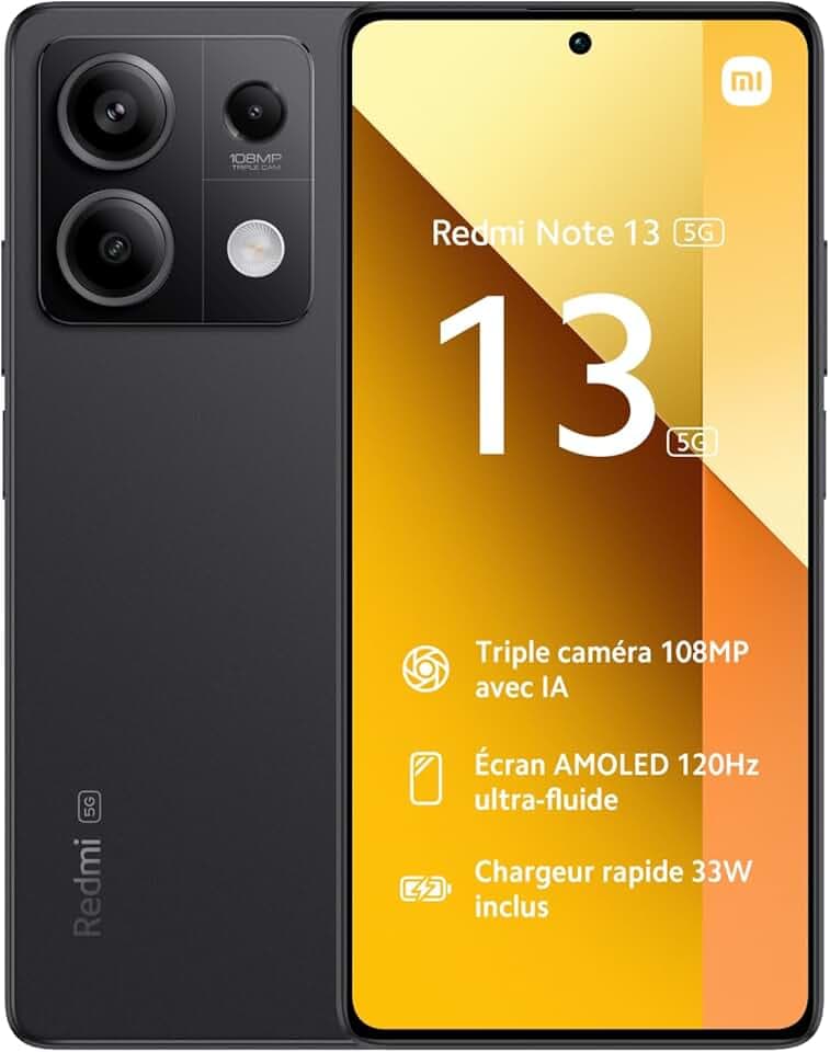 XIAOMI REDMI Note 13 5G Graphite Black, Ecran 6.67'', Batterie mAh 5000, Mémoire ROM 256GO,RAM 8GO, Android 13, MediaTek Dimensity 6080, Gravure en 6nm, Huit-Coeurs Jusqu’à 2,4GHz (Reconditionné)