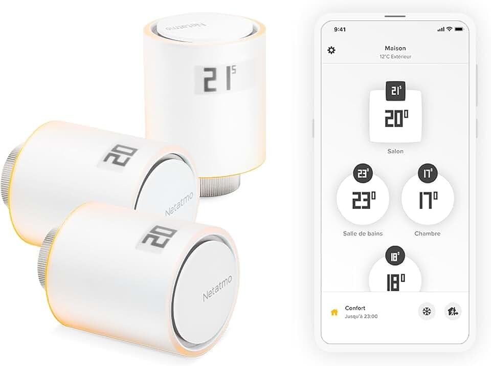 Netatmo Pack de 3 Têtes Thermostatiques Intelligentes – Accessoire pour Thermostat Connecté, Contrôle du Chauffage à Distance, Économie d’Énergie, Compatible Alexa & HomeKit, NBU-NAV-EU