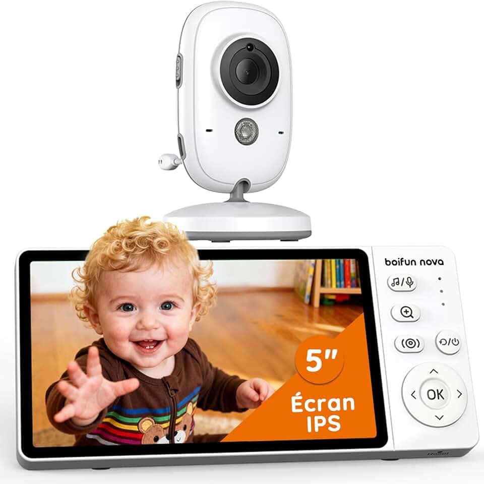 5'' Babyphone Camera Bebe Surveillance sans WiFi, 1080P Video sans Fil, Vision Nocturne Infrarouge Invisible, 8 Berceuses, Interphone Bidirectionnel, Détection Température/Son, Zoom 3X