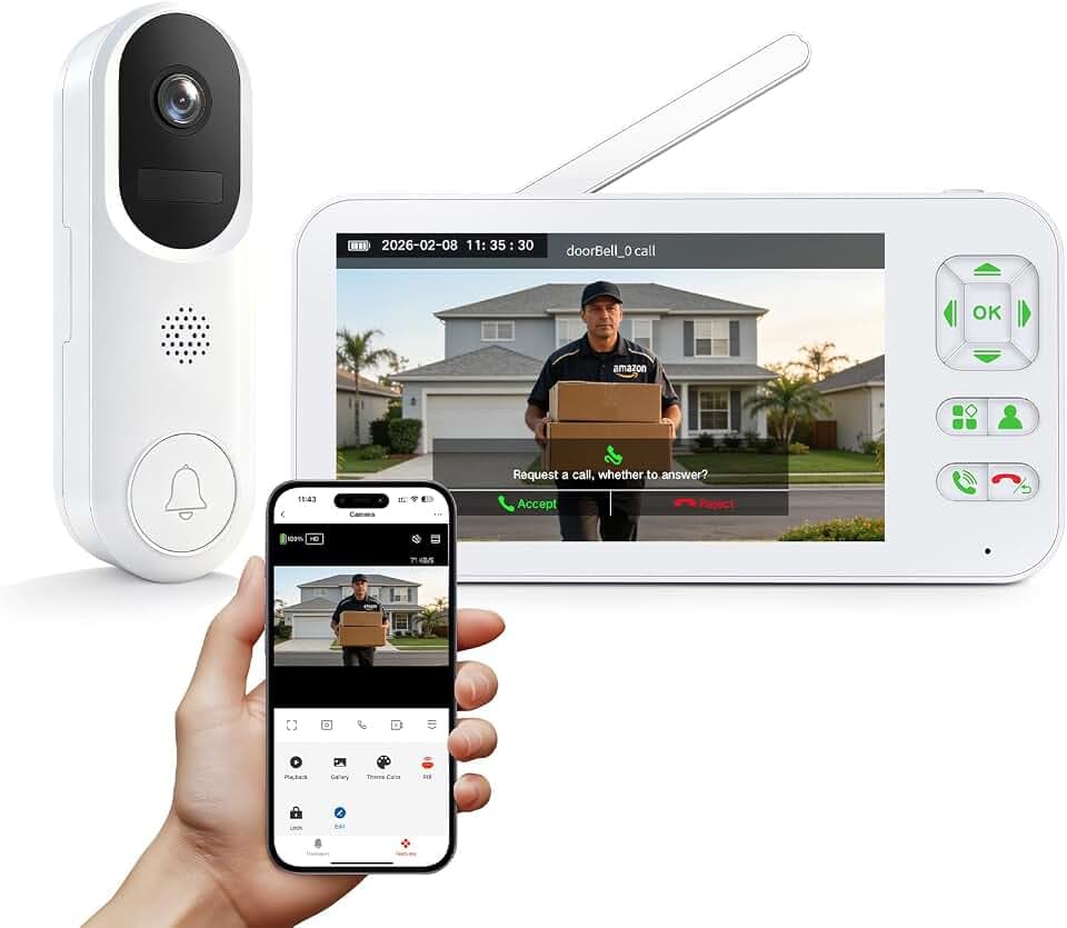 XPJ Visiophone Sonnette sans Fil avec Camera et 5" Ecran Moniteur, Interphone Vidéo Connecté WiFi 1080P, Stockage Local, PIR Détection de Mouvement, Audio Bidirectionnel, Vision Nocturne, Tuya APP