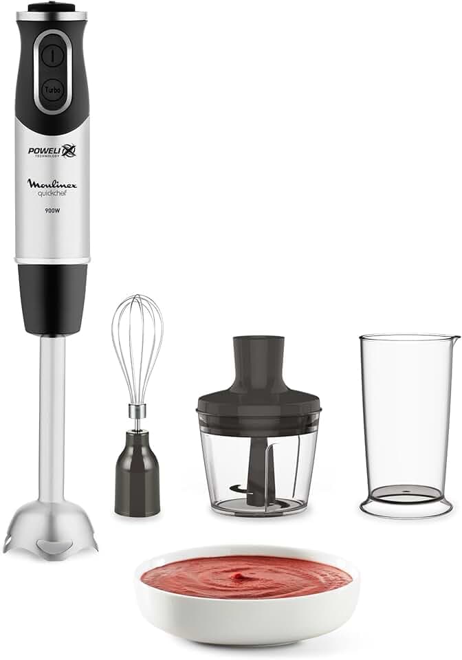 Moulinex Pied mixeur, 4 lames Powelix, 10 vitesses, appareil 3-en-1, hachoir et fouet, 1 000 W, Quickchef, DD655811