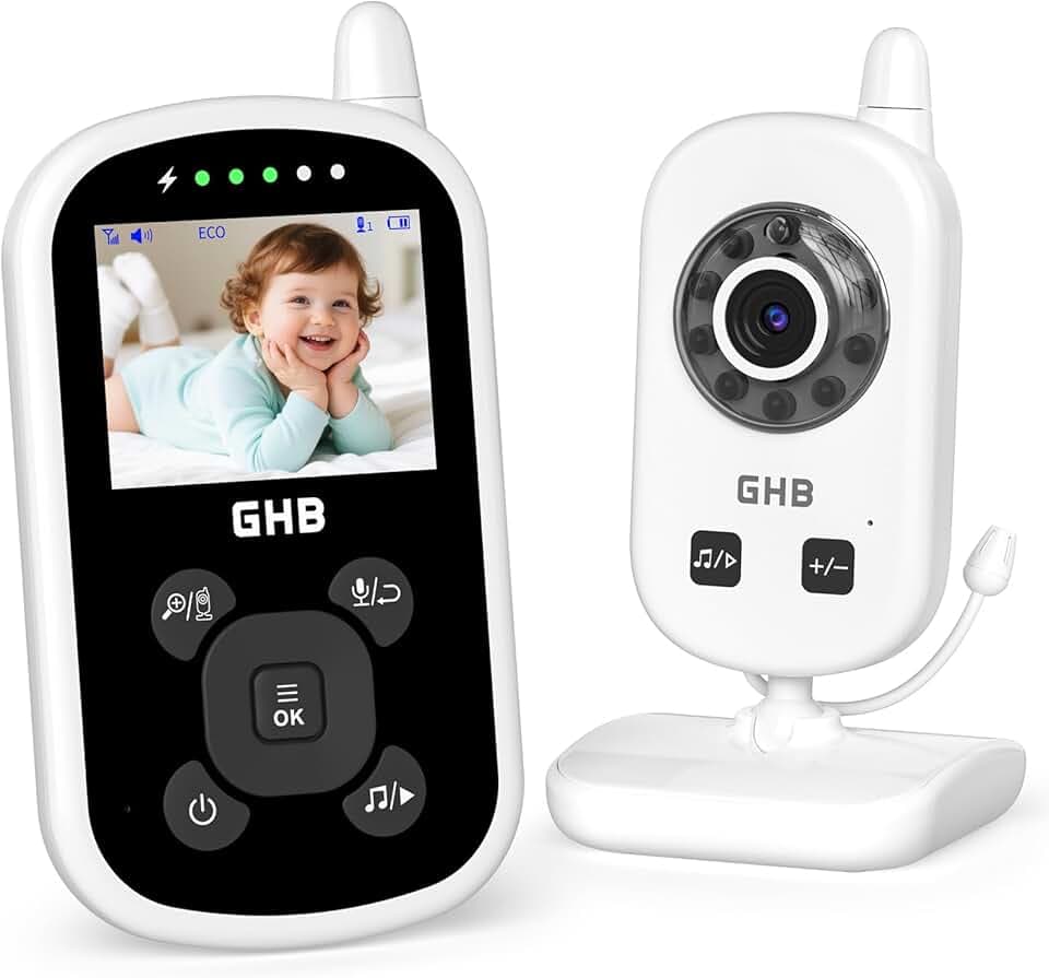 GHB Babyphone Camera Bebe Surveillance 2.4" LCD Baby Phone avec Caméra ECO Mode sans WiFi Zoom 2X Capteur de Température Communication Bidirectionnelle Vision Nocturne