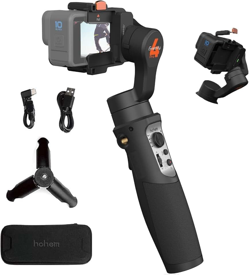Hohem iSteady Pro 4 3 Axes Stabilisateur Portable Cardan amélioré,Compatible avec Gopro Hero 13/12/11/10/9/8/7/6/5/DJI Osmo Action, pour Caméra Sportive de la Même Taille, Tournage Chronométré