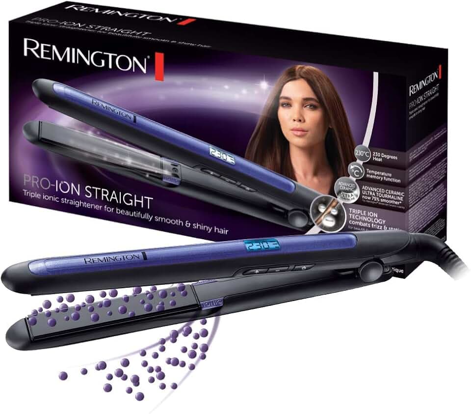 Remington Lisseur Cheveux [Ionique: anti-frizz & antistatique] Pro-Ion (Céramique Tourmaline, Douceur & Brillance, Glisse facile, Écran LCD, Fonction Mémoire) Fer à Lisser S7710