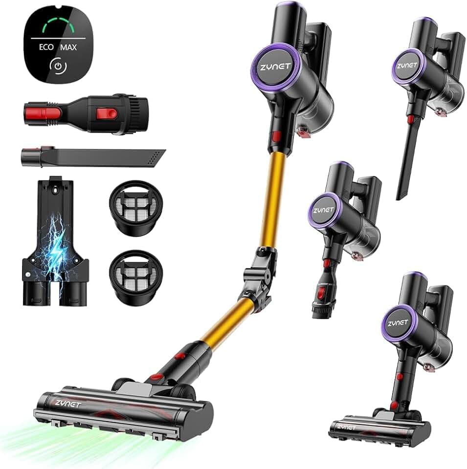 S9 Aspirateur Balai sans Fil, 45kPa/500W/45Min, Tube Pliable, Station de Charge Murale 2-en-1, avec Lumière Verte, Filtration HEPA，Adapté aux Poils d'animaux/Tapis/Sols Durs (Jaune)