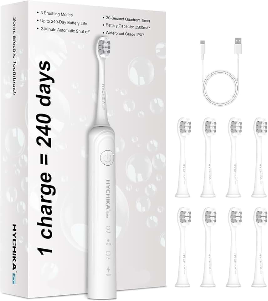 Autonomie de 240 jours Brosse à dents électrique pour Adultes,8 Têtes de Rechange,Batterie Rechargeable,3 Modes, Minuterie de 2,étanche IPX7,Cadeau pour la Famille,Blanc