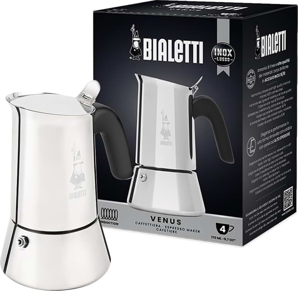 Bialetti - Nouvelle machine à expresso italienne Venus Induction en acier inoxydable, adaptée à tous les types d'assiettes, 4 tasses à café (170 ml), argentée, Argent