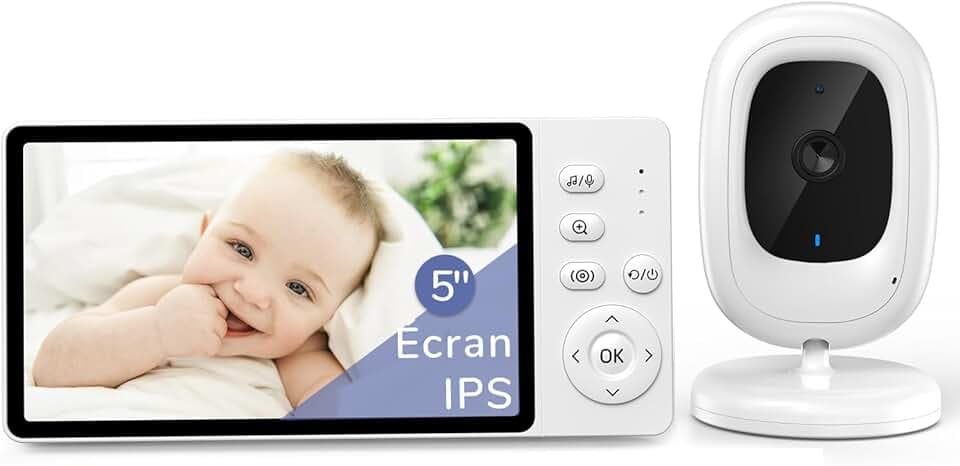 sans WiFi 5" IPS Babyphone Camera, 1080P Babyphone, Vision Nocturne, Mode VOX & Zoom 3X, Audio bidirectionnel Caméra Bébé, capteur de température
