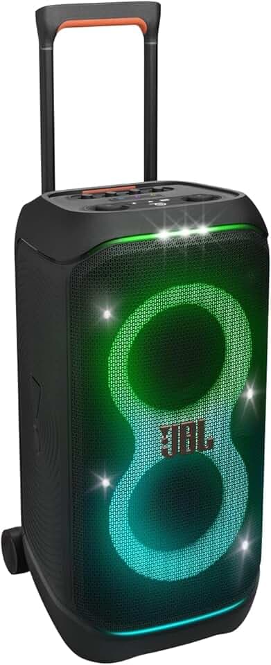 JBL Partybox Stage 320, Enceinte portable de soirée, roulettes et poignée télescopique intégrés, son JBL Pro, jeu de lumières, 18 heures d'autonomie, résistante aux éclaboussures IPX4, en noir Recycled Content Certification for Electrical and Electronic Equipment