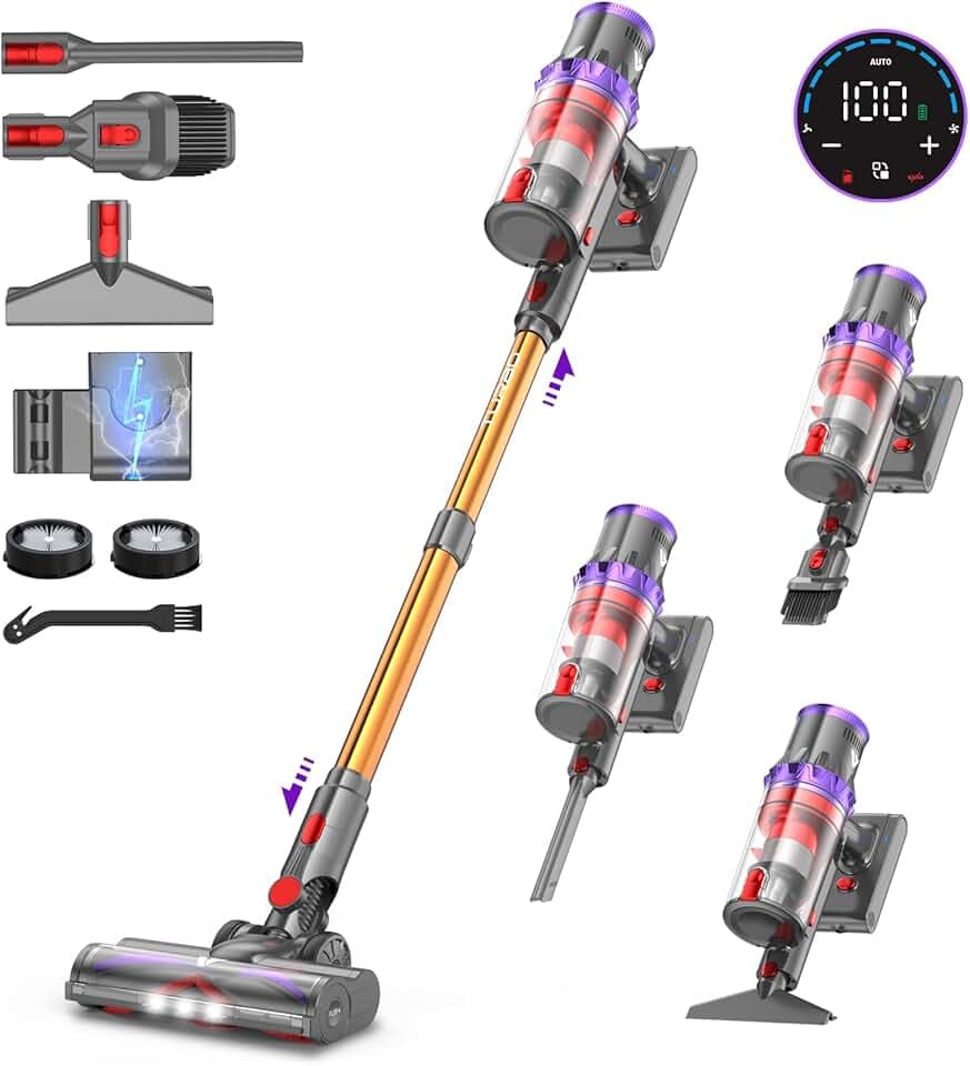 coovy SU7 Aspirateur Balai sans Fil 580W/55Kpa/75Mins, Aspirateur Puissant, Détection Poussière, Écrans Tactiles LED, Brosse Anti-Emmêlement Vacuum Cleaner pour Sols Durs Tapis Voiture