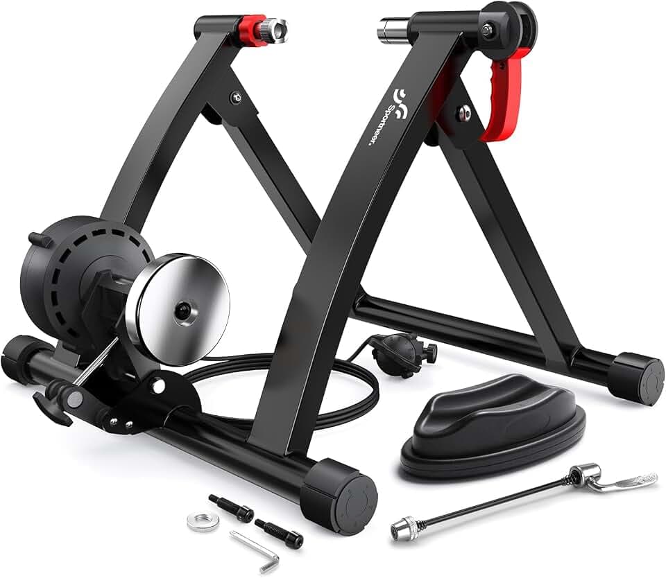 Entraîneur de vélo, Sportneer Home Trainer Bicyclette, freinage magnétique, 6 Réglages de Résistance avec Roue de réduction du Bruit, poignée à dégagement Rapide