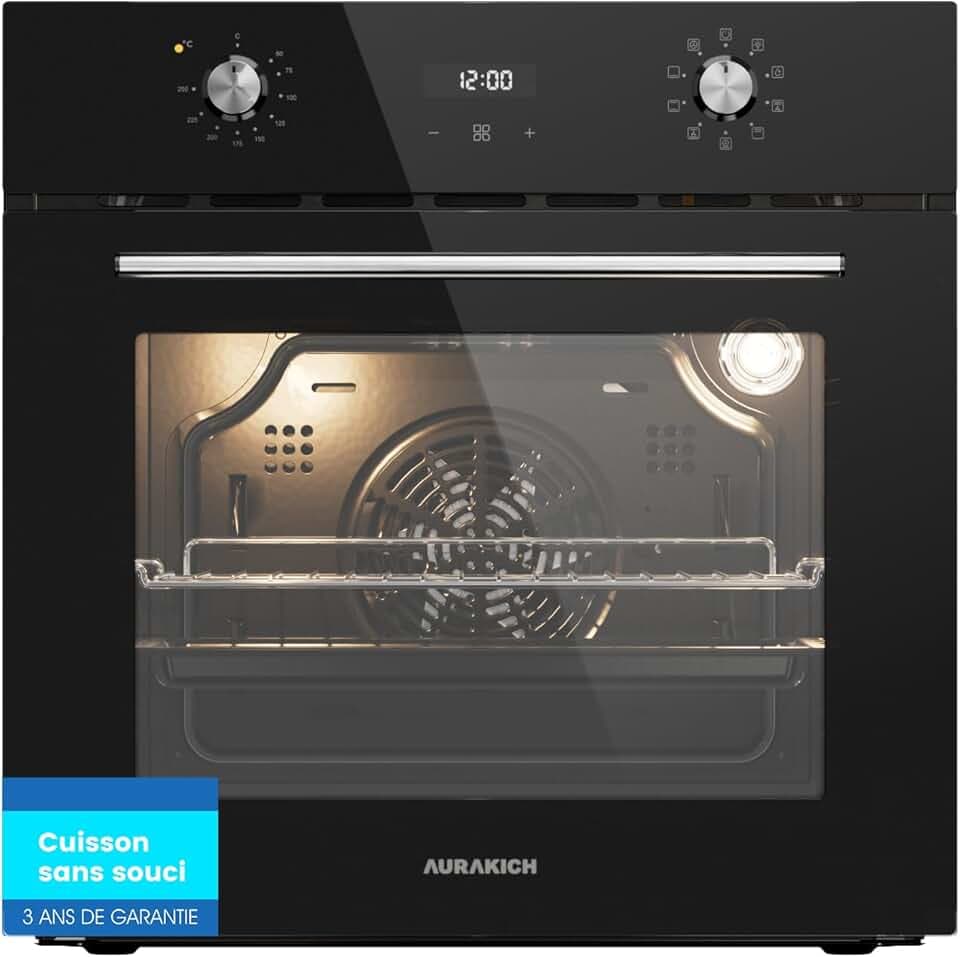 Four encastrable 60 cm, capacité 70 L, noir | chaleur tournante 4D, 8 modes de cuisson, chauffe rapide, minuterie et sécurité enfant, classe énergétique A, garantie 3 ans