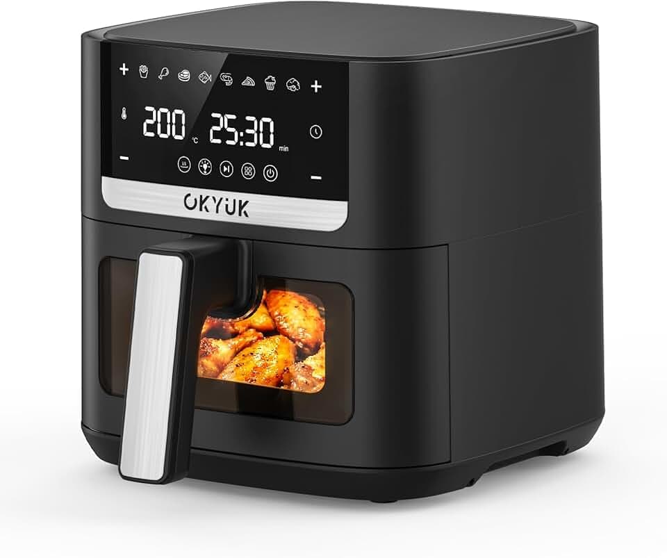 OKYUK Air Fryer 6L, Friteuse Huile 8-en-1 avec Fenêtre de Visualisation, 1200W avec Ecran Tactile Digital, Réglable 80-200°C, 90% de Matières Grasses en Moins, Nettoyage Facile