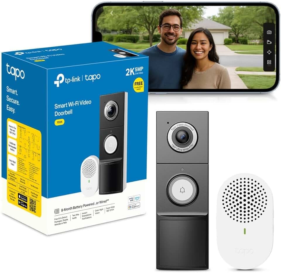 Tapo Sonnette Sans Fil Exterieur Etanche avec Caméra 2K+ 5MP, avec Carillon | IP66 filaire/batterie autonomie 210j, vision ultra-large 180°, nocturne en couleur, détection humaine IA gratuite sans frais