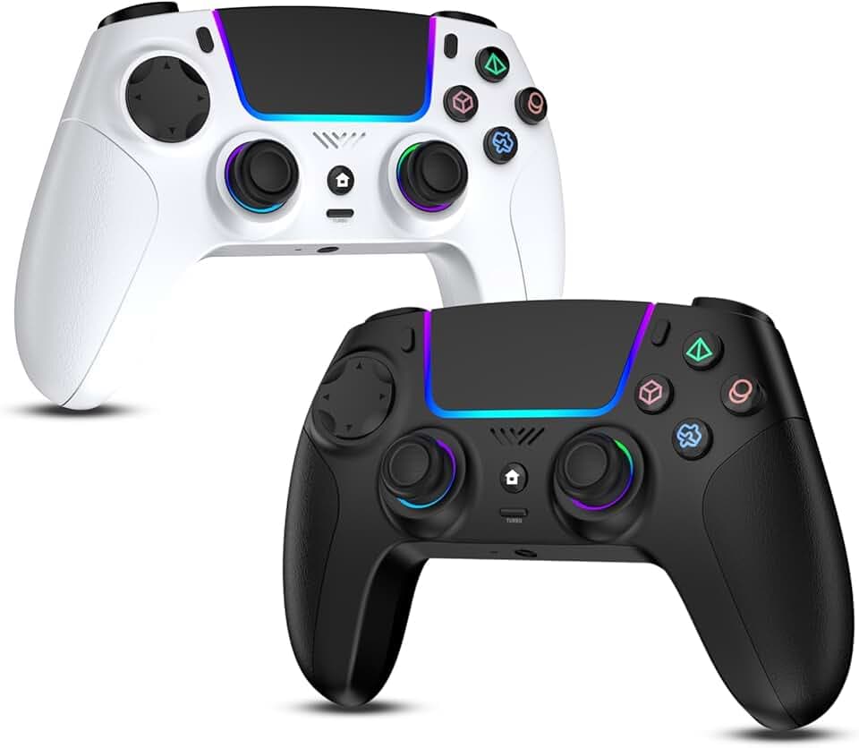 JORREP 2pcs Manette sans fil pour PS4,manettes de jeu compatibles avec PS4/PS3/Pro/Steam Deck/PC,avec éclairage RGB,double vibration,Turbo,capteur de mouvement,programmables,prise casque,Noir et Blanc